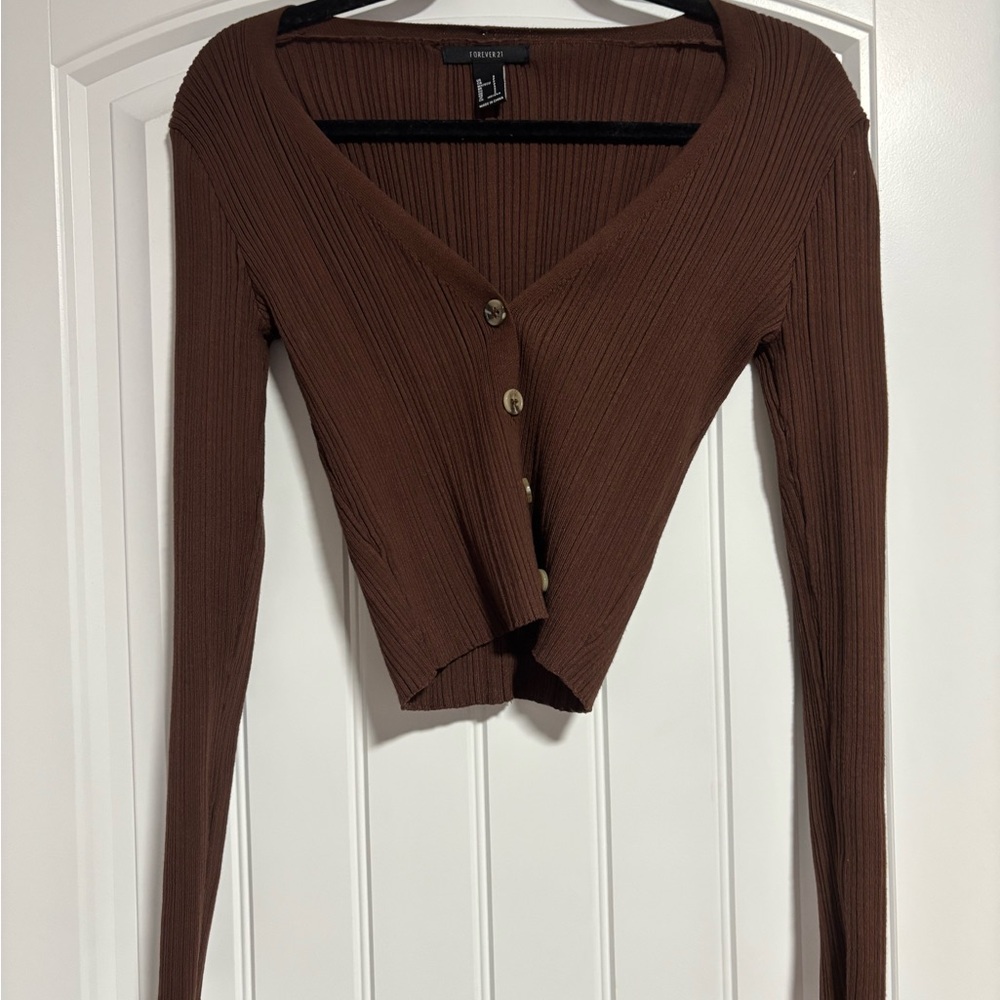 Forever 21 Brown Ribbed Button-Up Top